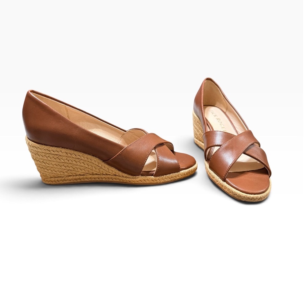 Jack Rogers Womens Cognac Leather Crisscross Espadrille Jute Wedge Sandal size 5